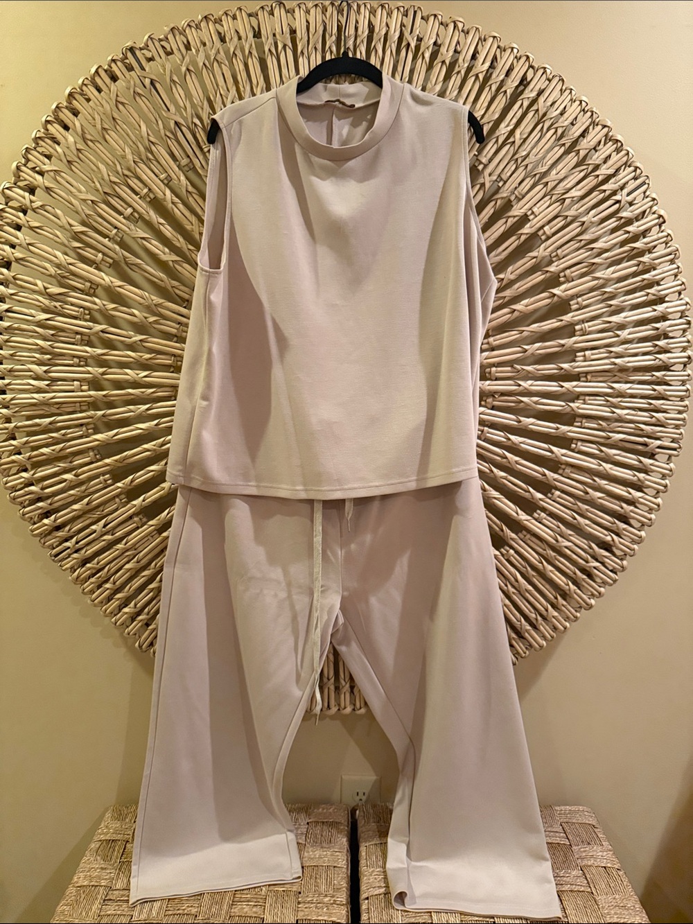 Cream Neutral Sleeveless Top and Wide Leg Pants Set